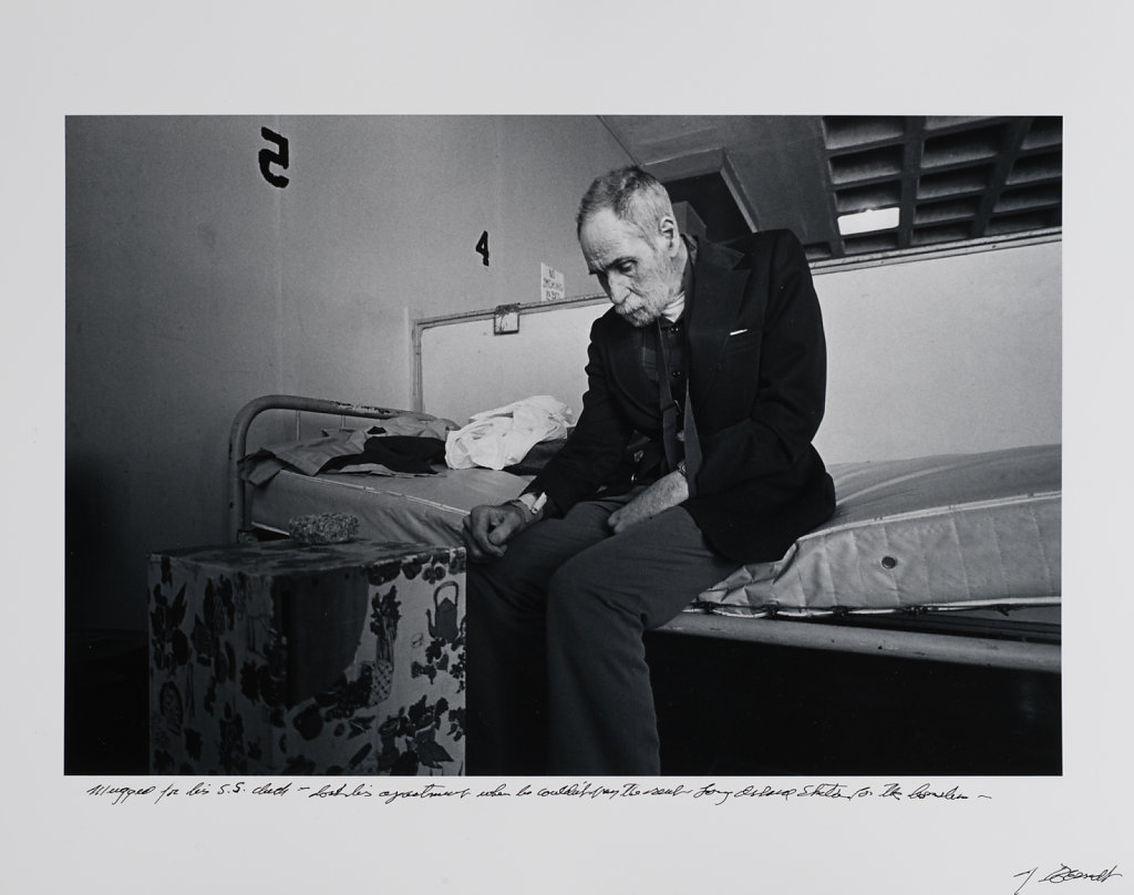 Mugged for his s.s.check-lost his apartment when he could'nt pay the rent-Long Island Shelter for the Homeless, Boston, 1983